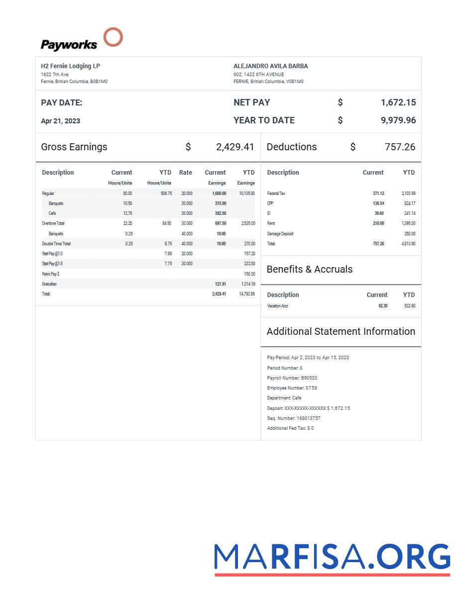 Realistic H2 Fernie Lodging LP pay statement sample